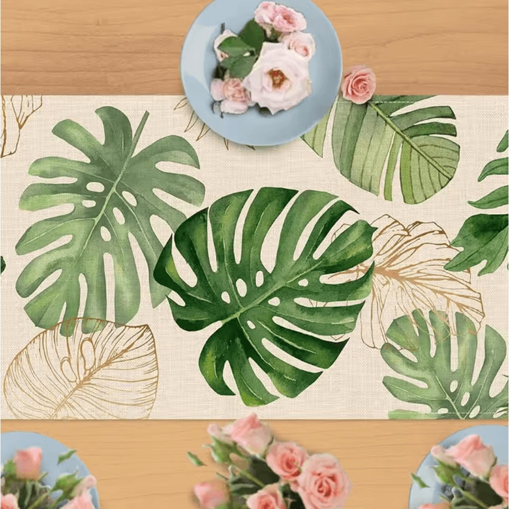 Tropical Palm Leaves Linen Table Runner Summer Greenery Dining Outdoor Party Decor 4