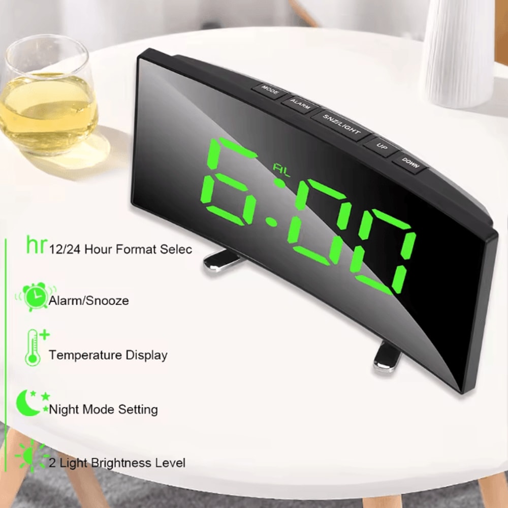 7Inch Curved LED Mirror Alarm Clock Dimmable Digital Table Clock With Large Display 0