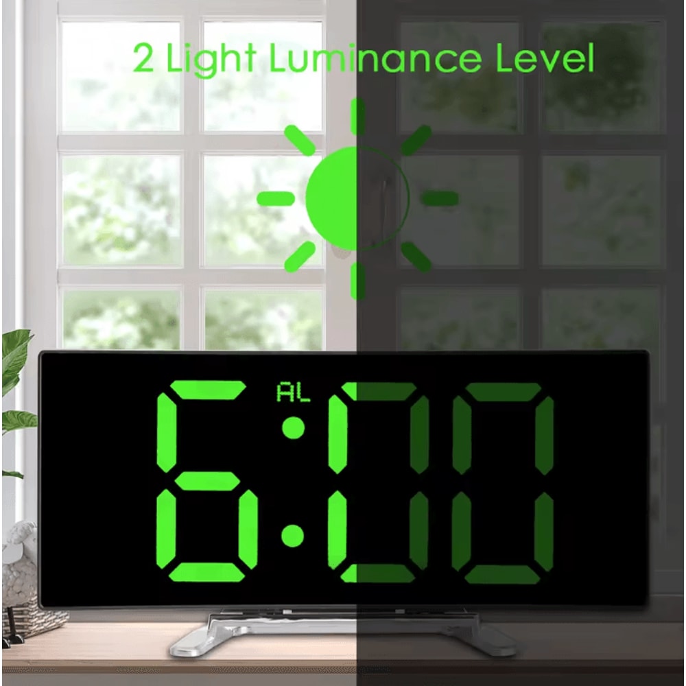 7Inch Curved LED Mirror Alarm Clock Dimmable Digital Table Clock With Large Display 1