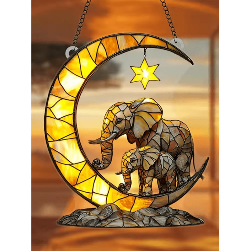 Elephant Family Moon Window Hanging Decorative Suncatcher Pendant For Home Garden 0