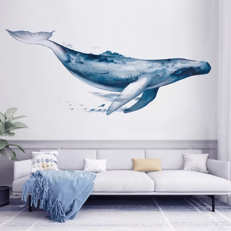 Ink Wash Whale Wall Sticker Minimalist Ocean Vinyl Wall Decal For Living Room Bedroom 0