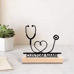 custom metal stethoscope sculpture – personalized doctor desk decor with wooden base