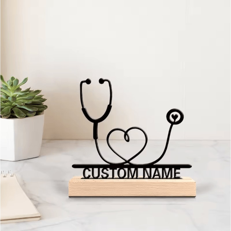 Custom Metal Stethoscope Sculpture Personalized Doctor Desk Decor With Wooden Base 0