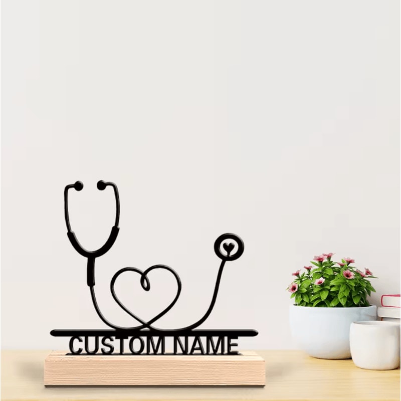Custom Metal Stethoscope Sculpture Personalized Doctor Desk Decor With Wooden Base 1