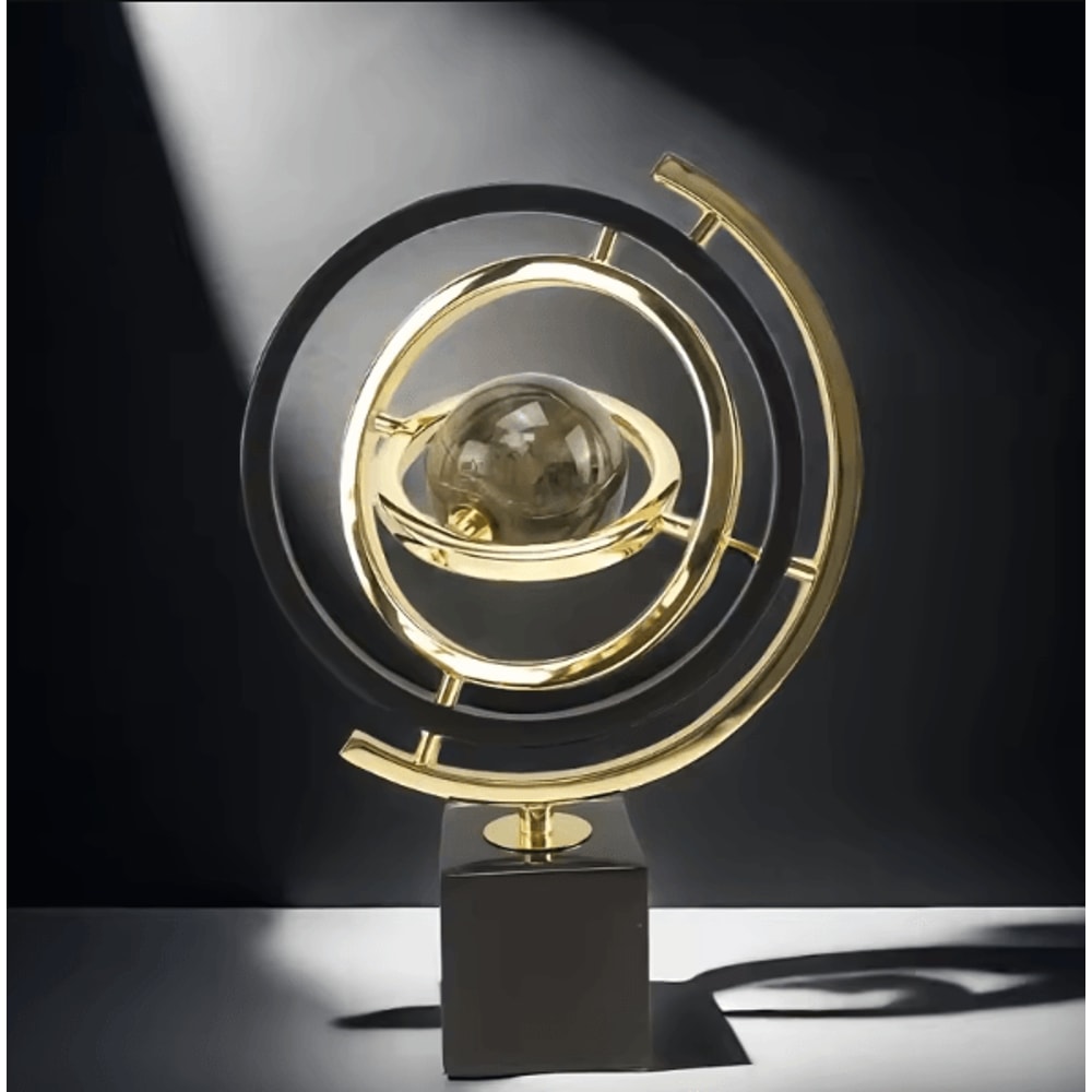 Modern Abstract Metal Globe Sculpture Black Gold Desk Art Decor With Rectangular Base 2