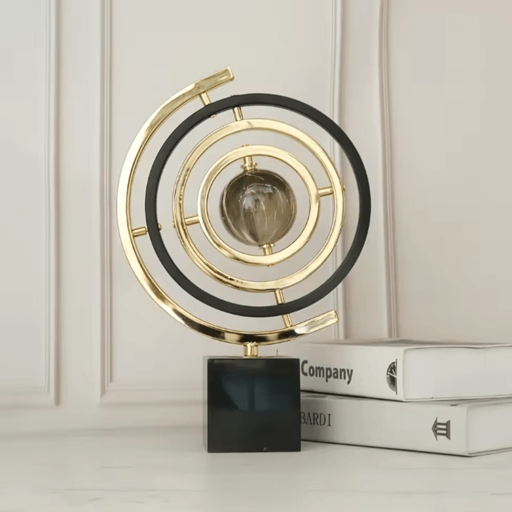 Modern Abstract Metal Globe Sculpture Black Gold Desk Art Decor With Rectangular Base 3