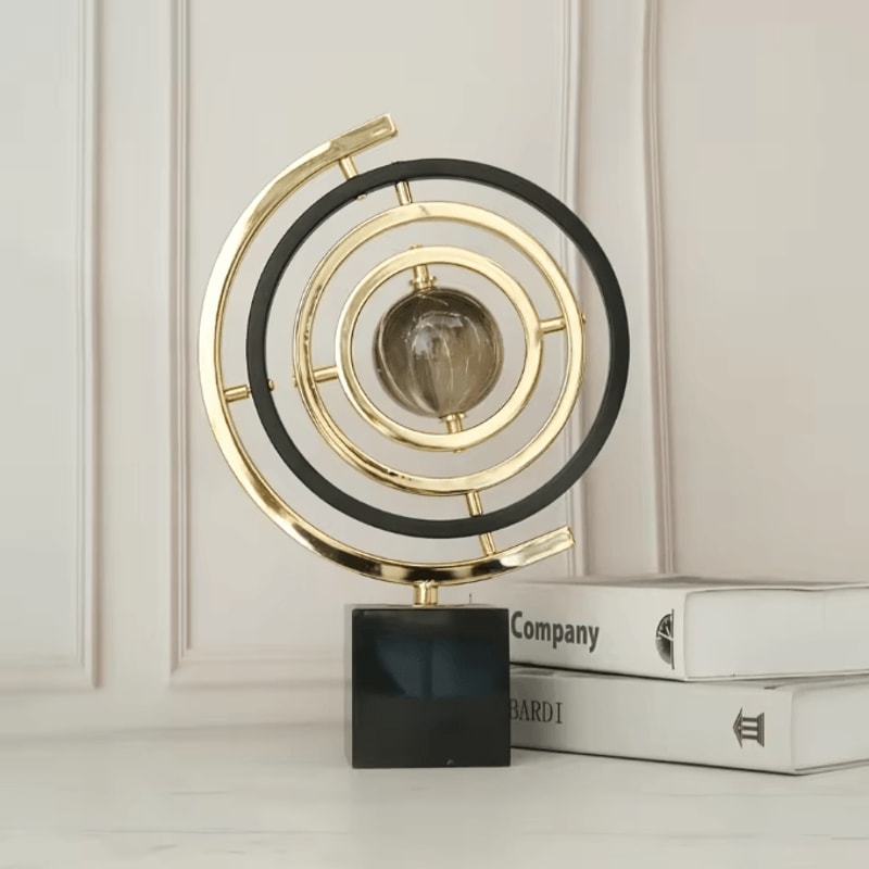Modern Abstract Metal Globe Sculpture Black Gold Desk Art Decor With Rectangular Base 3