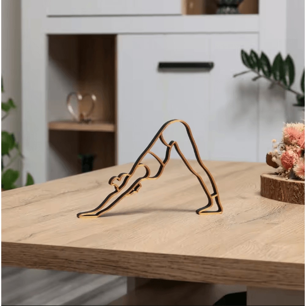 Abstract Yoga Lady Metal Sculpture Modern Meditation Figurine With Wooden Base 0