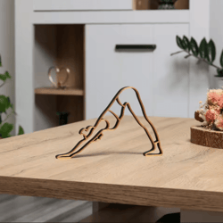 abstract yoga lady metal sculpture – modern meditation figurine with wooden base