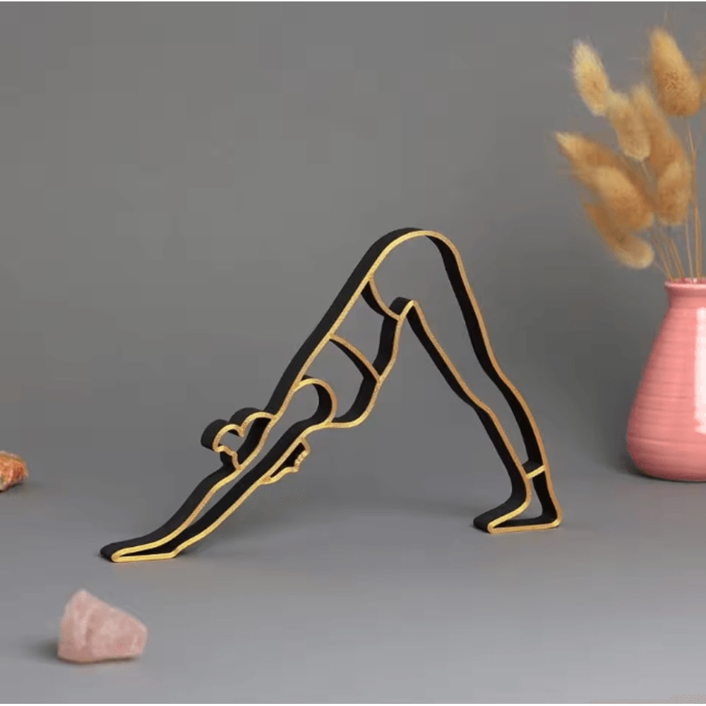 Abstract Yoga Lady Metal Sculpture Modern Meditation Figurine With Wooden Base 3