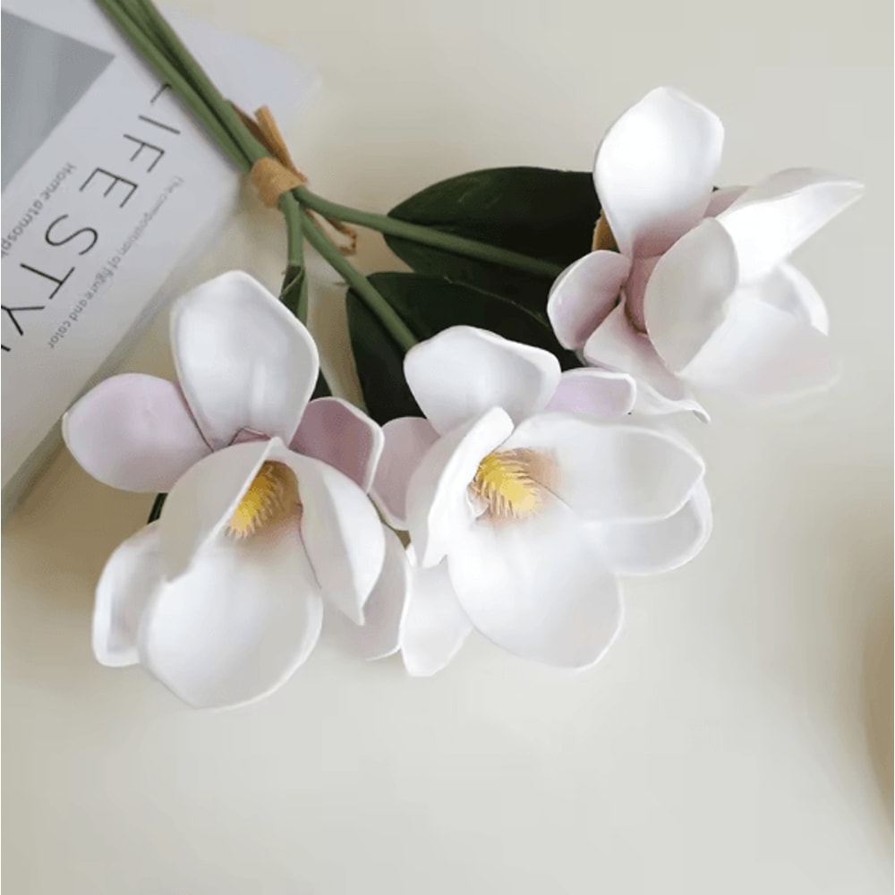 Artificial Magnolia Flower Bundle Elegant 3Branch Silk Floral Decor For Home Table Styling 6