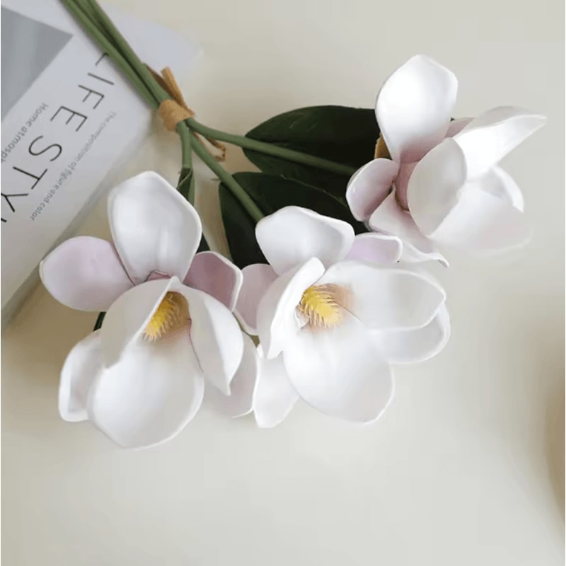Artificial Magnolia Flower Bundle Elegant 3Branch Silk Floral Decor For Home Table Styling 6