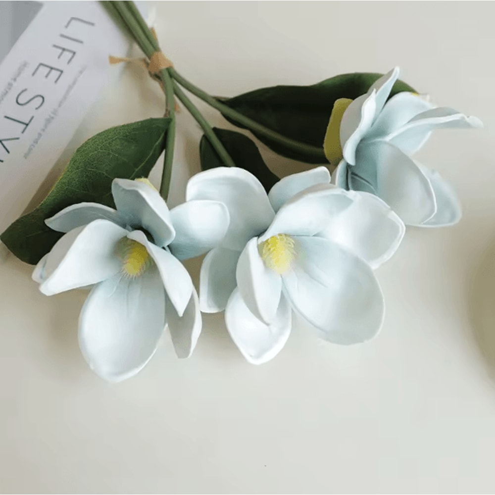 Artificial Magnolia Flower Bundle Elegant 3Branch Silk Floral Decor For Home Table Styling 7