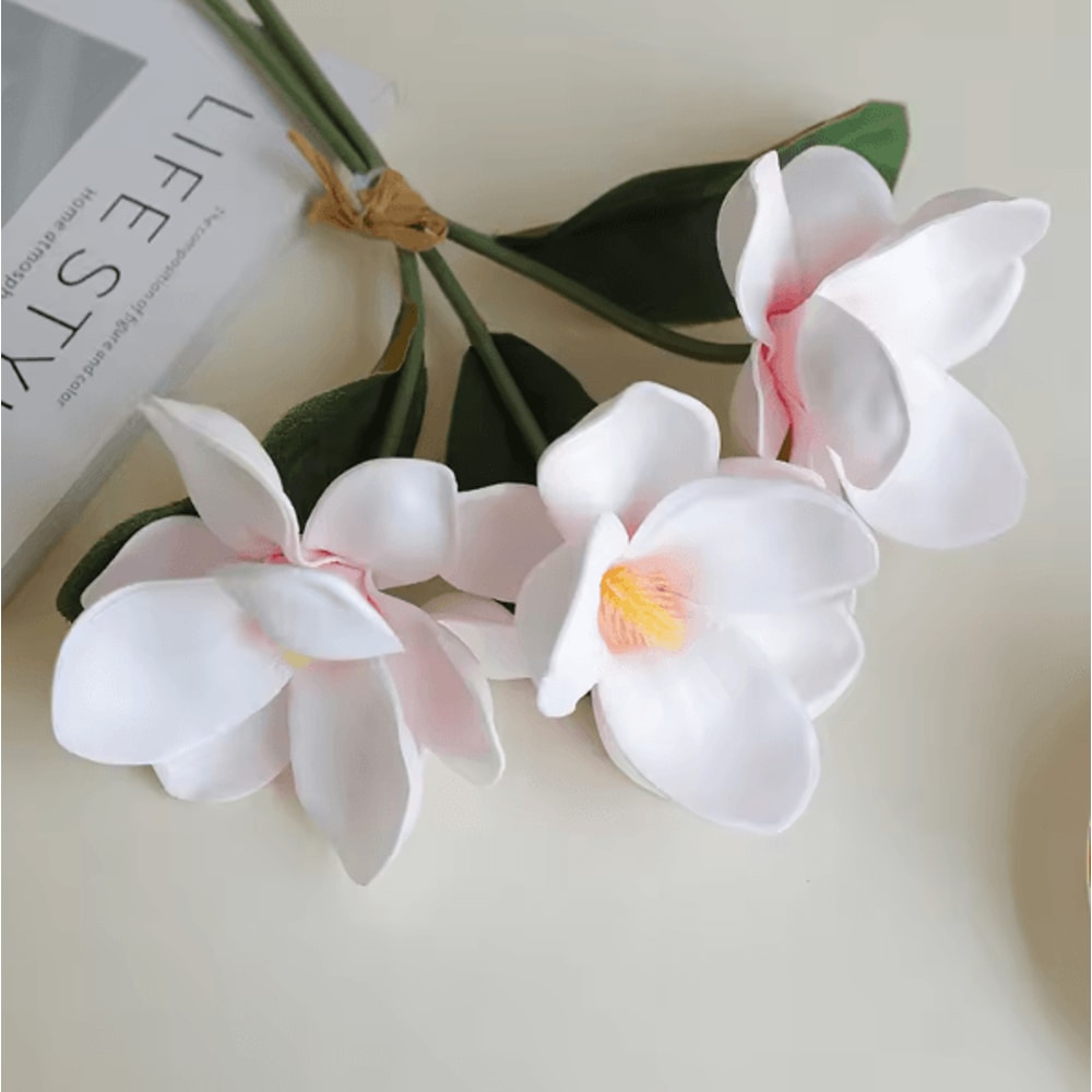 Artificial Magnolia Flower Bundle Elegant 3Branch Silk Floral Decor For Home Table Styling 8