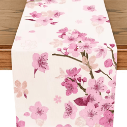 cherry blossom linen table runner – elegant floral table decor for spring, wedding & dining