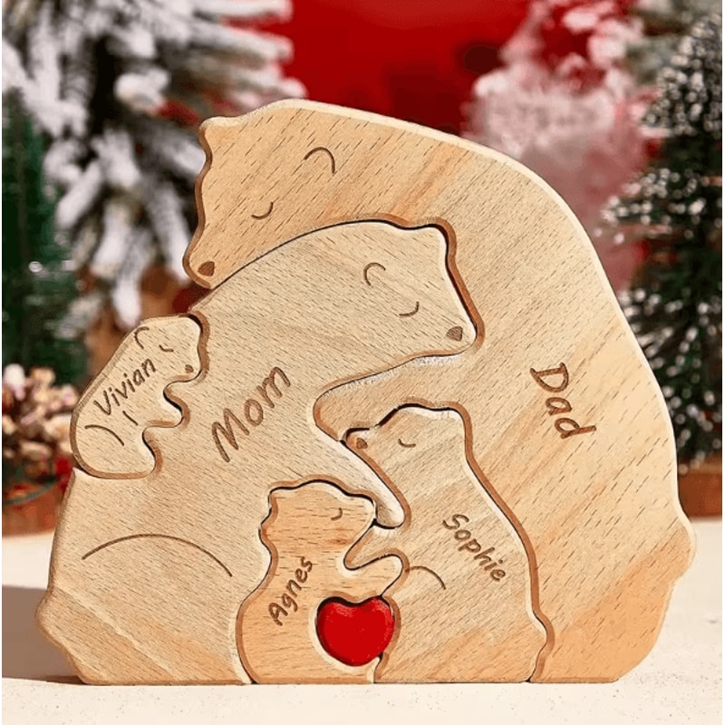 Custom Name Bear Puzzle Ornament Personalized Family Wooden Decor Keepsake 0