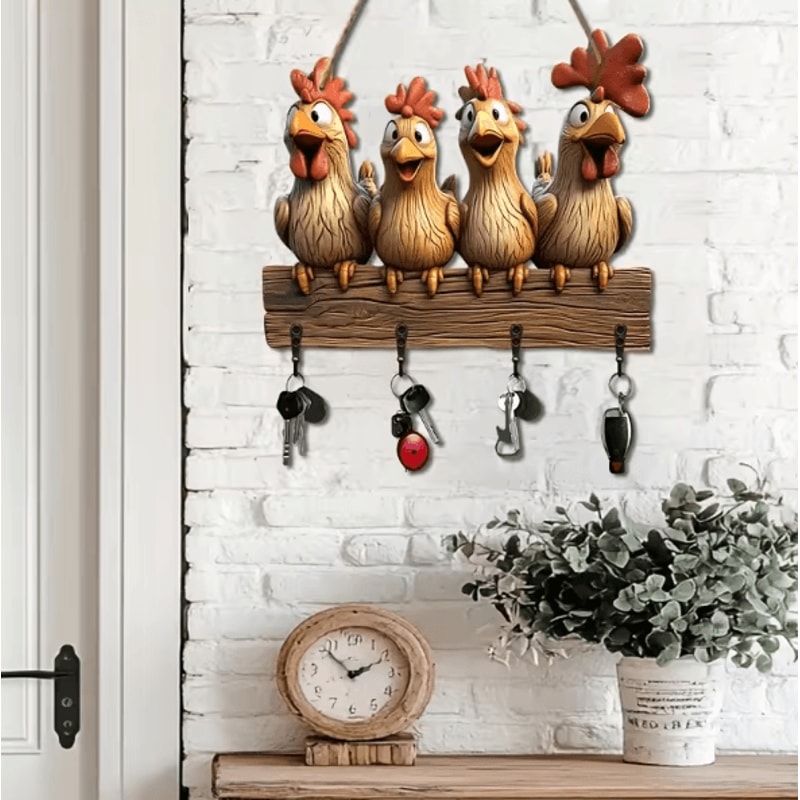 FarmCharm Hen Wooden Key Holder Wall Decor With Hooks 1