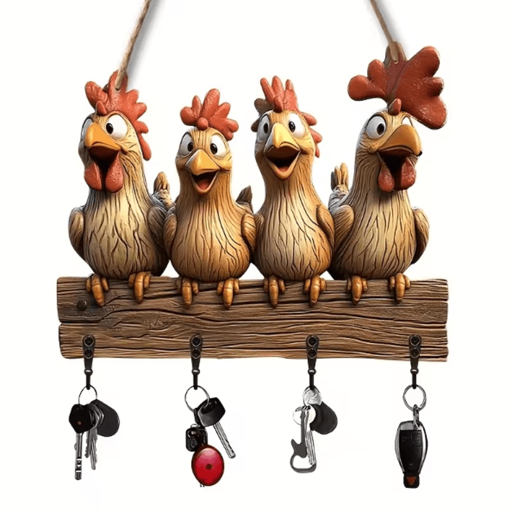 FarmCharm Hen Wooden Key Holder Wall Decor With Hooks 5