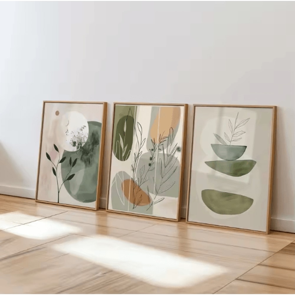 VIKAMA 3PCS Bohemian Plant Canvas Wall Art Earth Tone Minimalist Decor Set 0