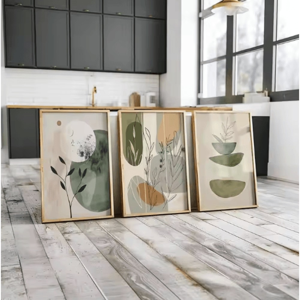 VIKAMA 3PCS Bohemian Plant Canvas Wall Art Earth Tone Minimalist Decor Set 1