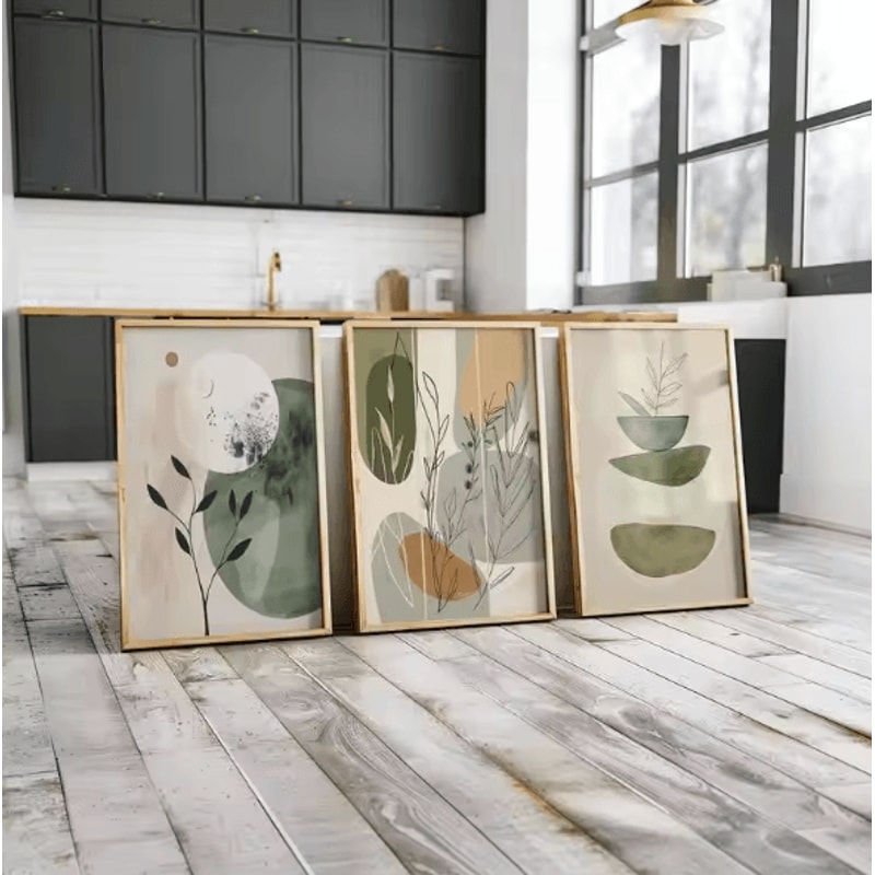 VIKAMA 3PCS Bohemian Plant Canvas Wall Art Earth Tone Minimalist Decor Set 1
