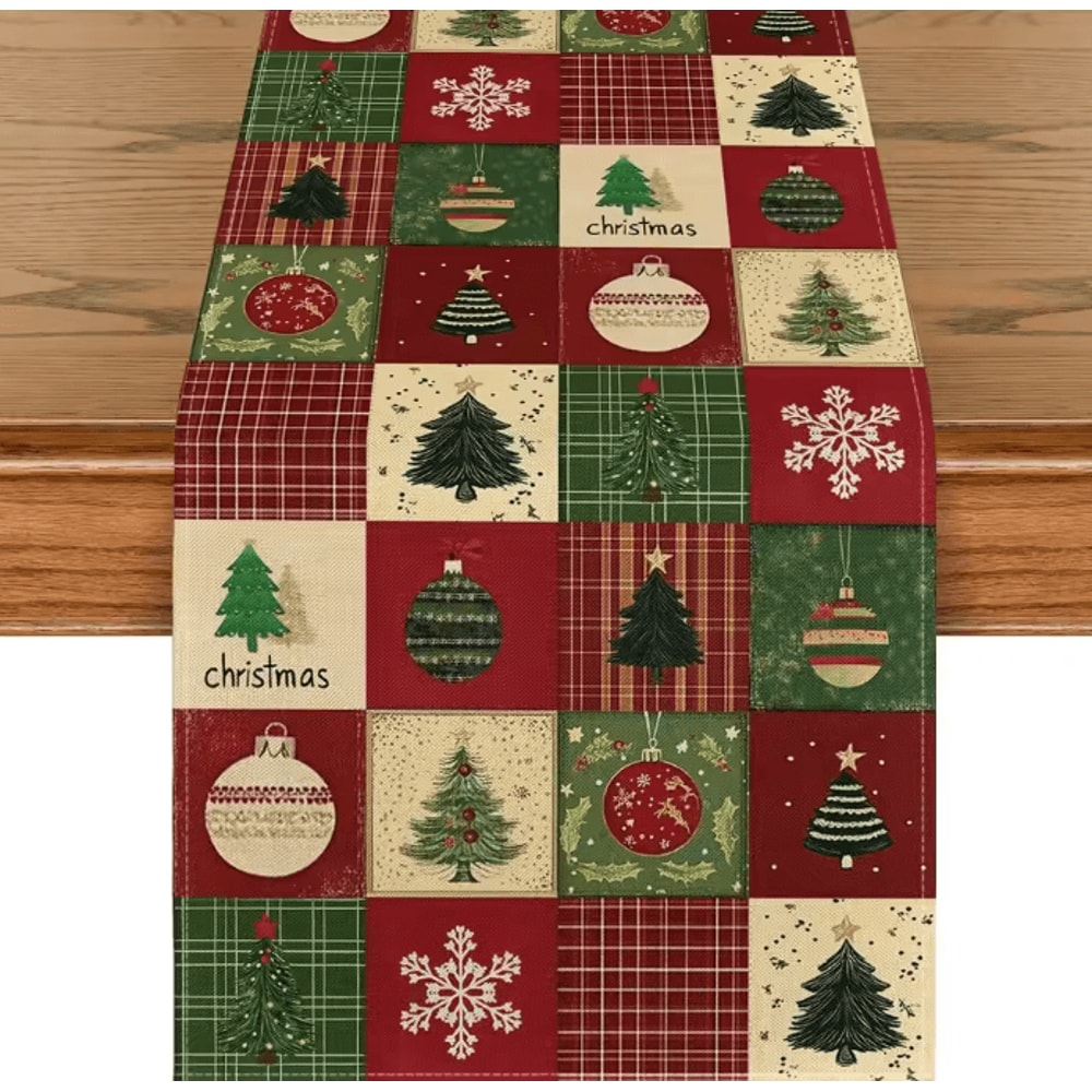 VIKAMA Christmas Plaid Linen Table Runner With Snowflake Xmas Ball Design 0