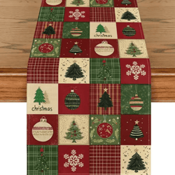 vikama christmas plaid linen table runner with snowflake & xmas ball design