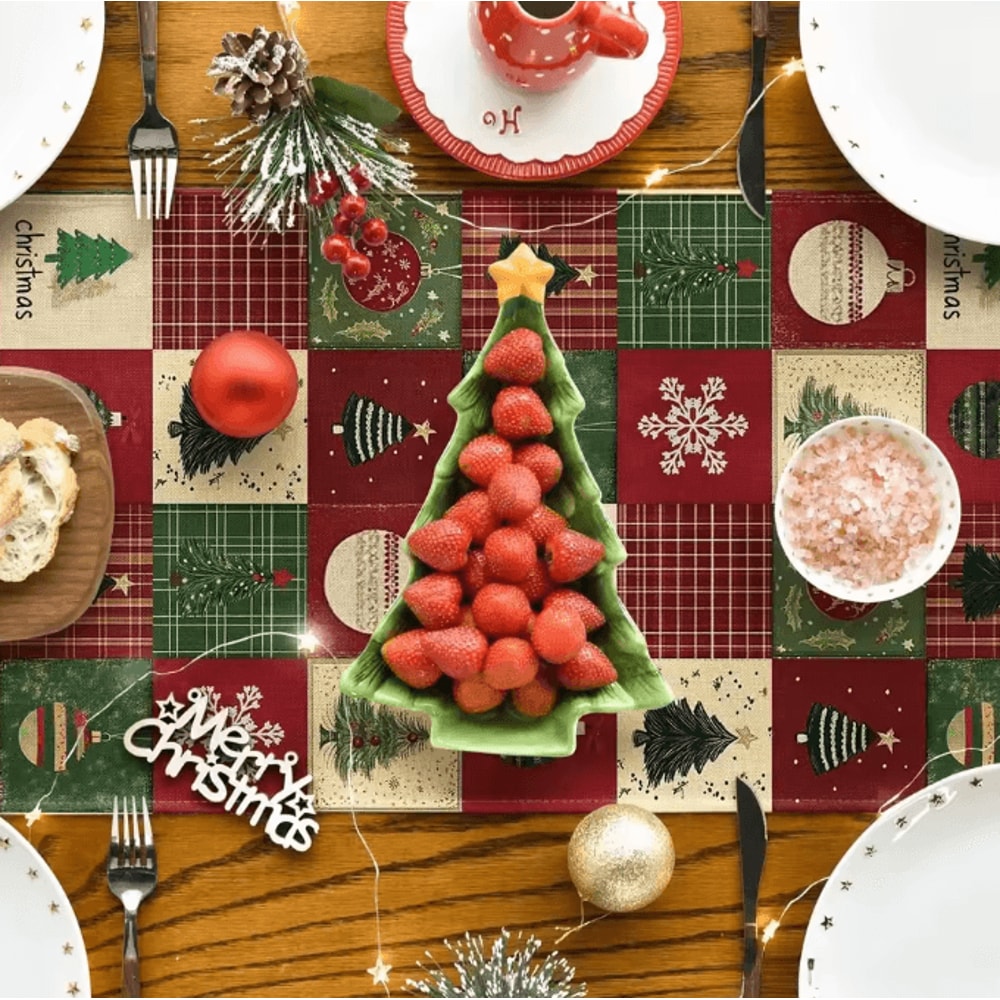 VIKAMA Christmas Plaid Linen Table Runner With Snowflake Xmas Ball Design 2