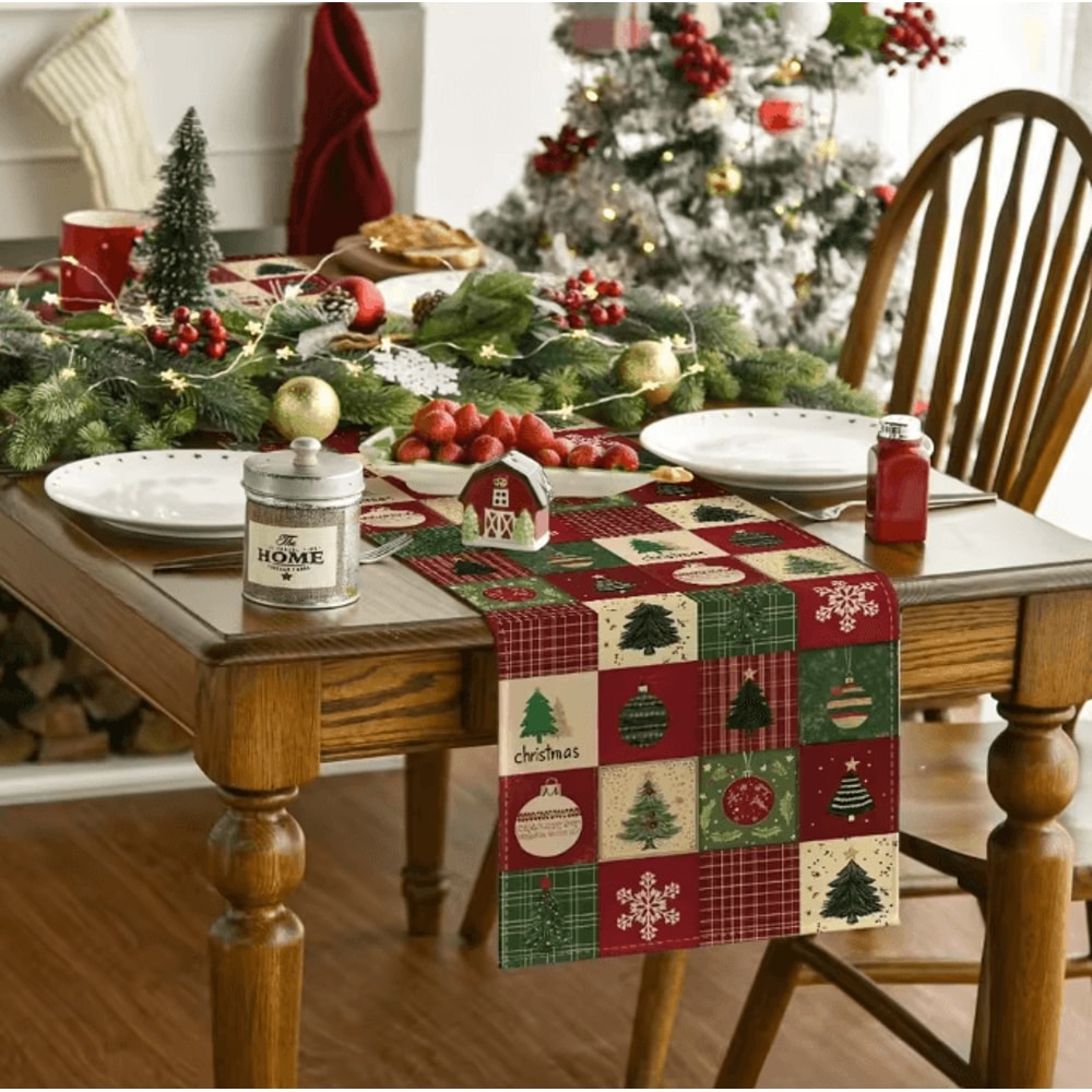 VIKAMA Christmas Plaid Linen Table Runner With Snowflake Xmas Ball Design 3