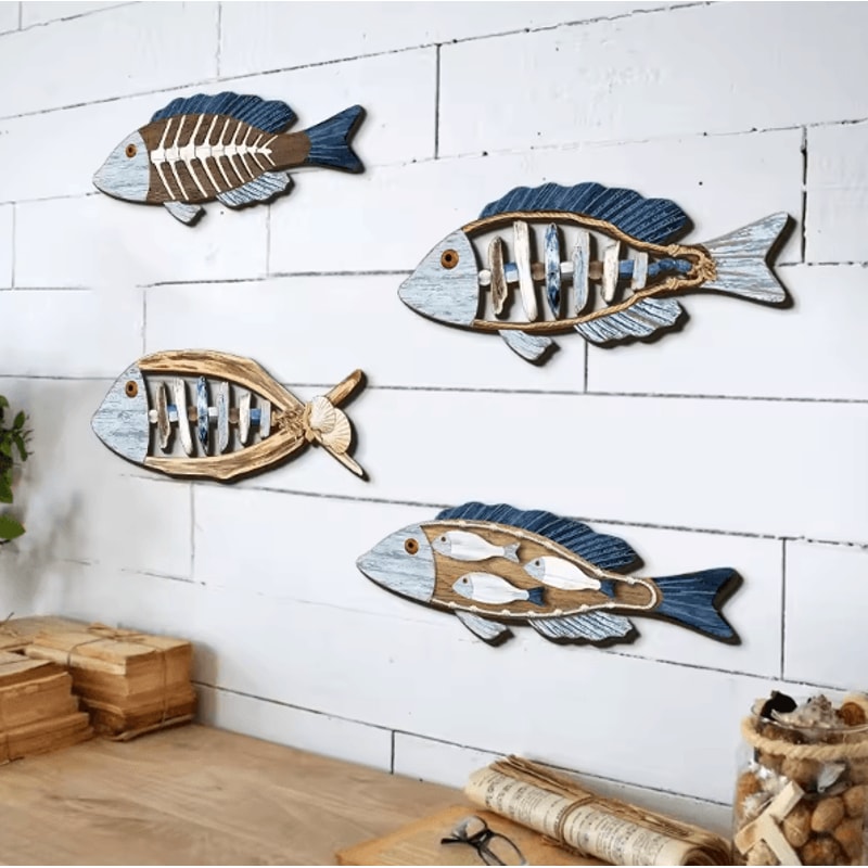 OceanCraft 4PCS Wooden Fish Wall Decor Marine Style Carved Hanging Art 1