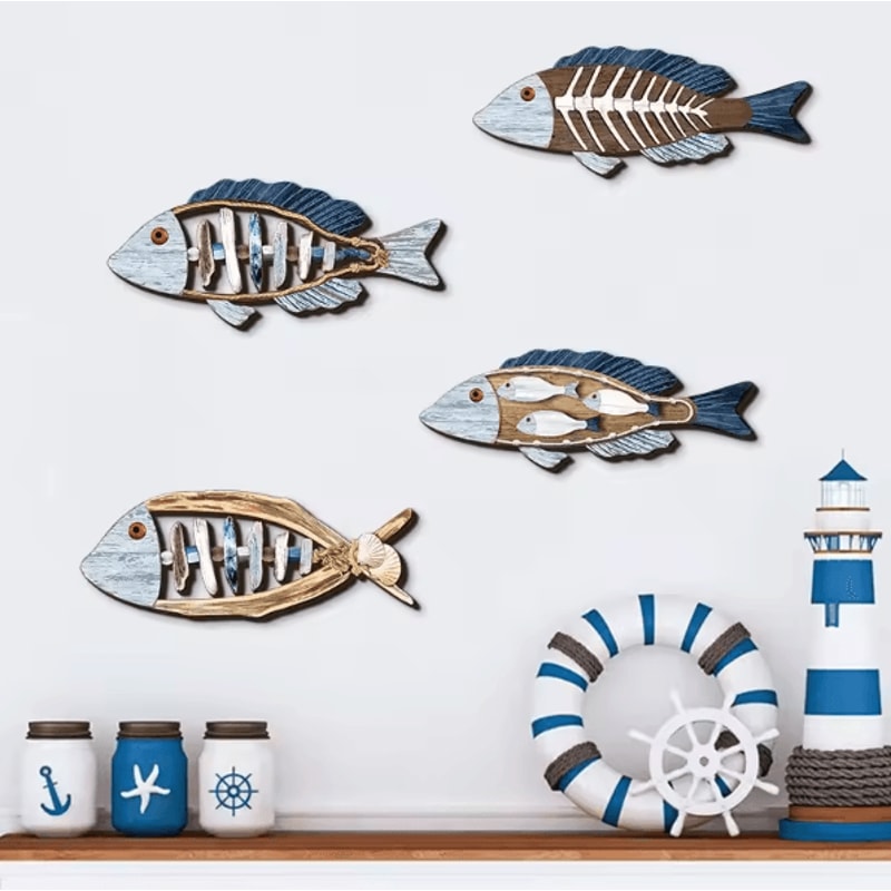 OceanCraft 4PCS Wooden Fish Wall Decor Marine Style Carved Hanging Art 2