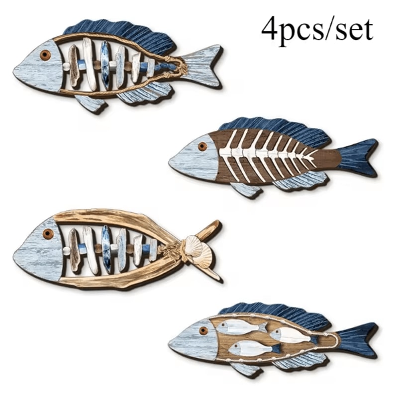 OceanCraft 4PCS Wooden Fish Wall Decor Marine Style Carved Hanging Art 3
