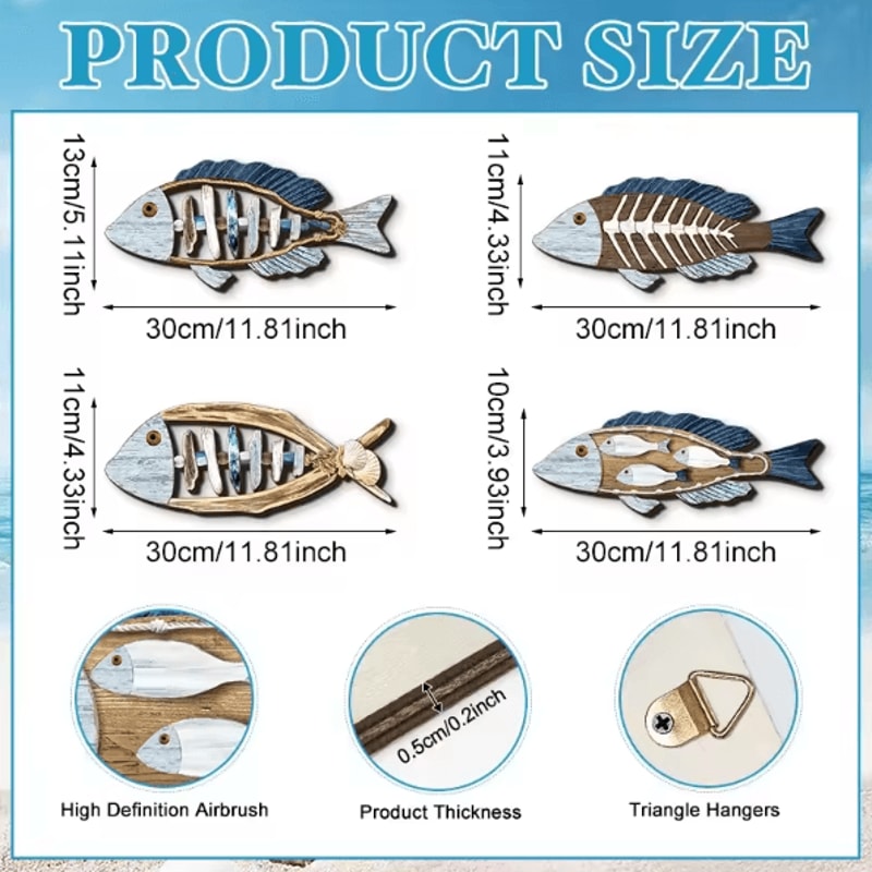 OceanCraft 4PCS Wooden Fish Wall Decor Marine Style Carved Hanging Art 4