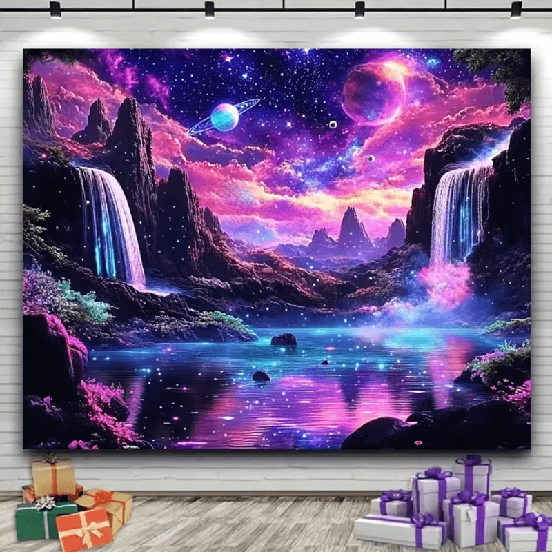 VIKAMA Fantasy Starry Sky Tapestry Glowing Waterfall Galaxy Wall Decor For Living Room 0