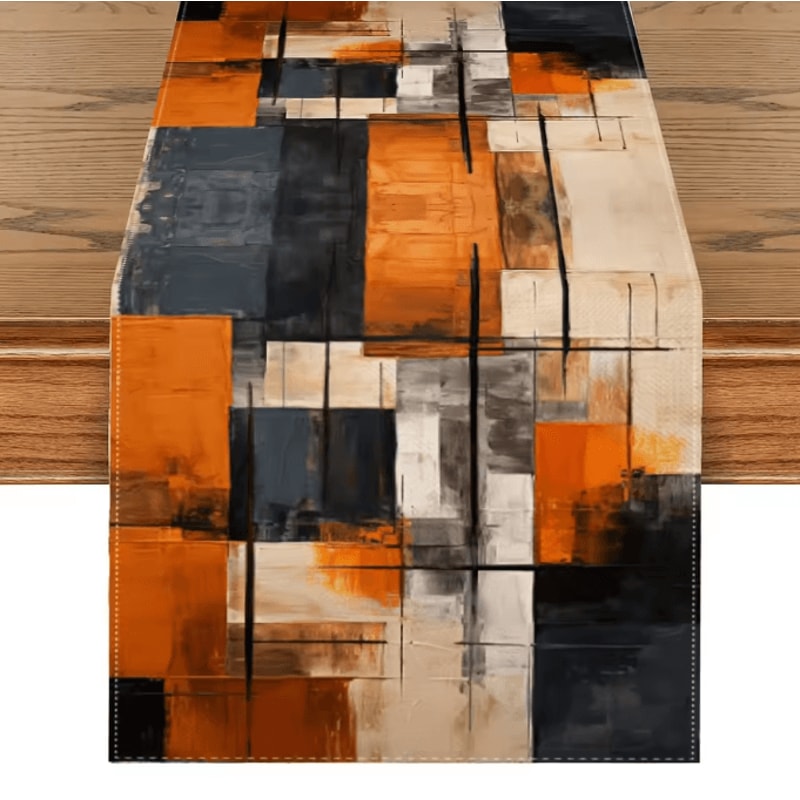 VIKAMA Watercolor Abstract Linen Table Runner Orange Black Stripe Modern Decor 0