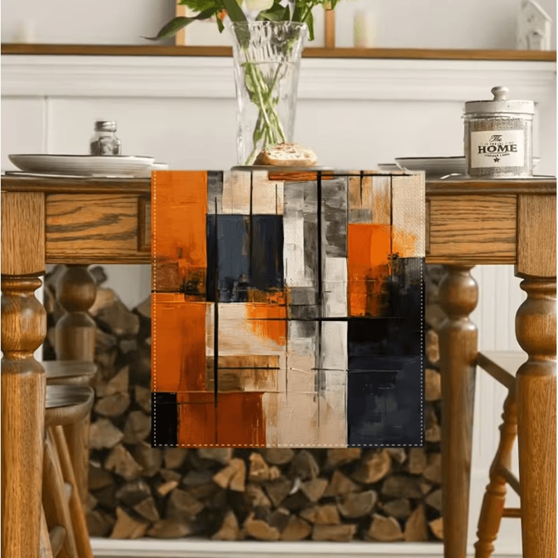 VIKAMA Watercolor Abstract Linen Table Runner Orange Black Stripe Modern Decor 1
