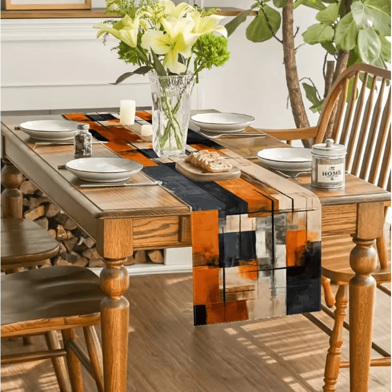 VIKAMA Watercolor Abstract Linen Table Runner Orange Black Stripe Modern Decor 3