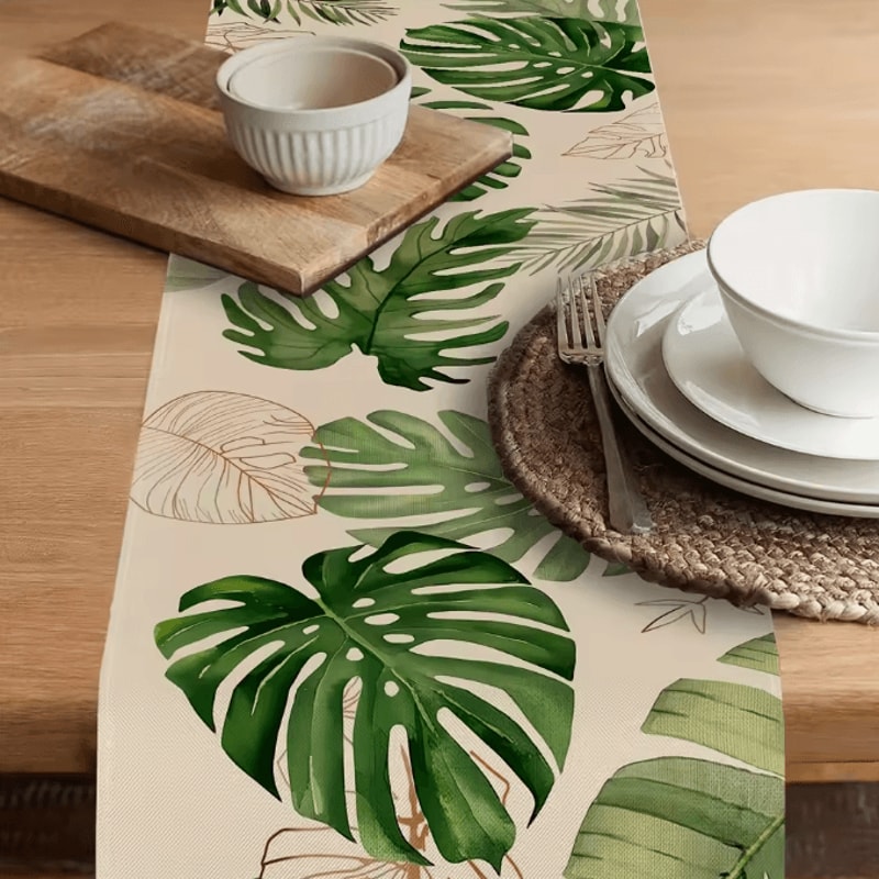 VIKAMA Tropical Palm Leaf Table Runner Linen Durable Dining Kitchen Decor 0