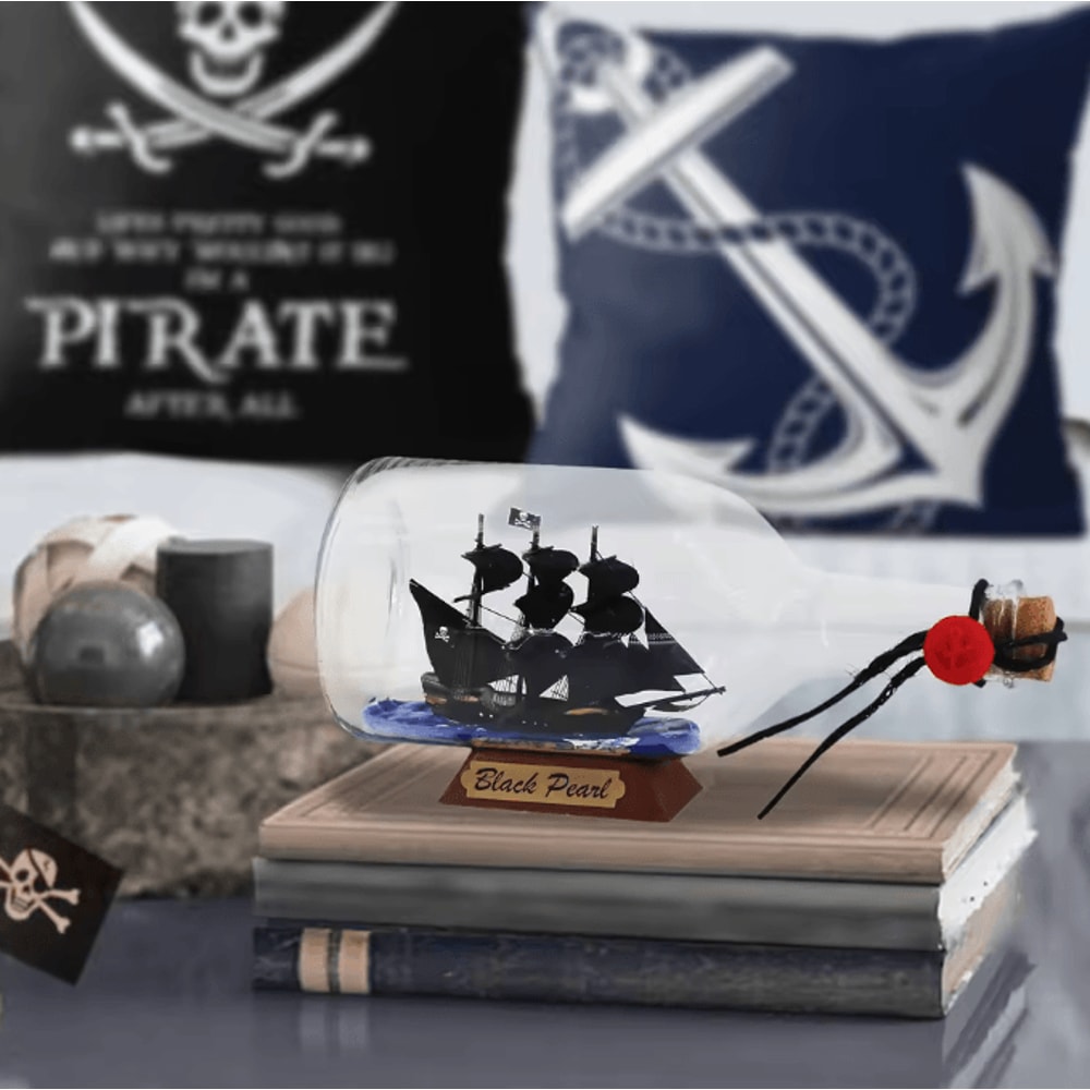 OceanMyst Black Pearl Ship In Bottle Nautical Pirate Decor Glass Ornament 1