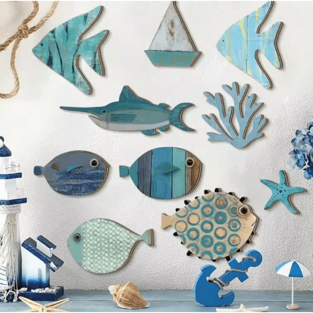OceanCraft 10PCS Wooden Fish Wall Decor Nautical Coastal Hanging Art Set 0