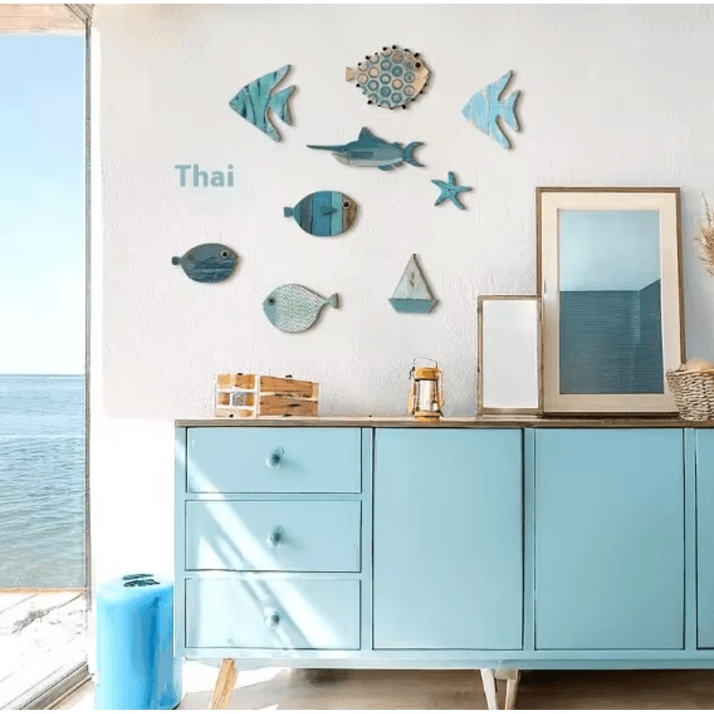 OceanCraft 10PCS Wooden Fish Wall Decor Nautical Coastal Hanging Art Set 1