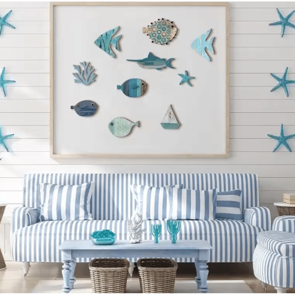 OceanCraft 10PCS Wooden Fish Wall Decor Nautical Coastal Hanging Art Set 2