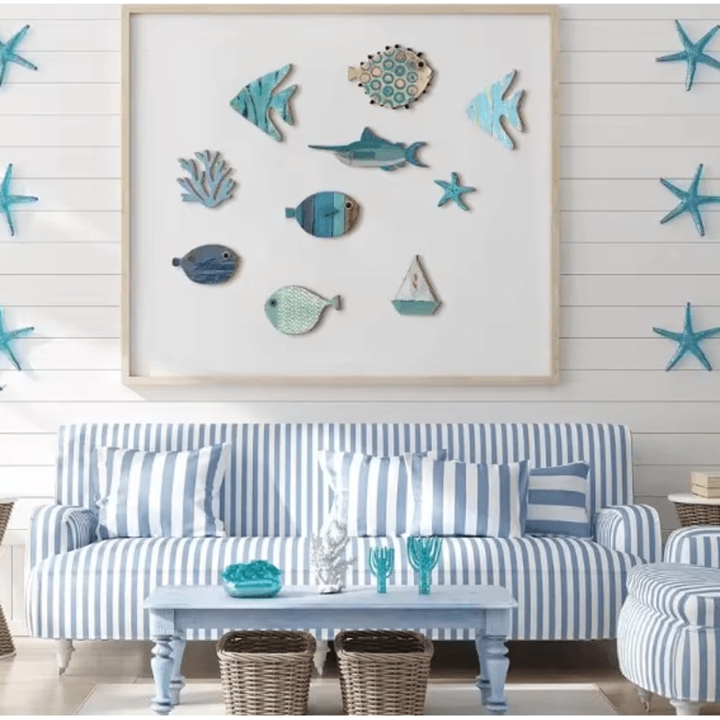 OceanCraft 10PCS Wooden Fish Wall Decor Nautical Coastal Hanging Art Set 2