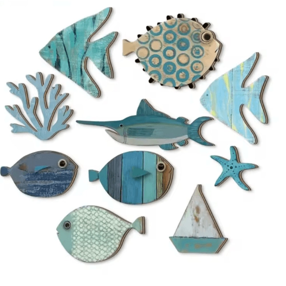 OceanCraft 10PCS Wooden Fish Wall Decor Nautical Coastal Hanging Art Set 3