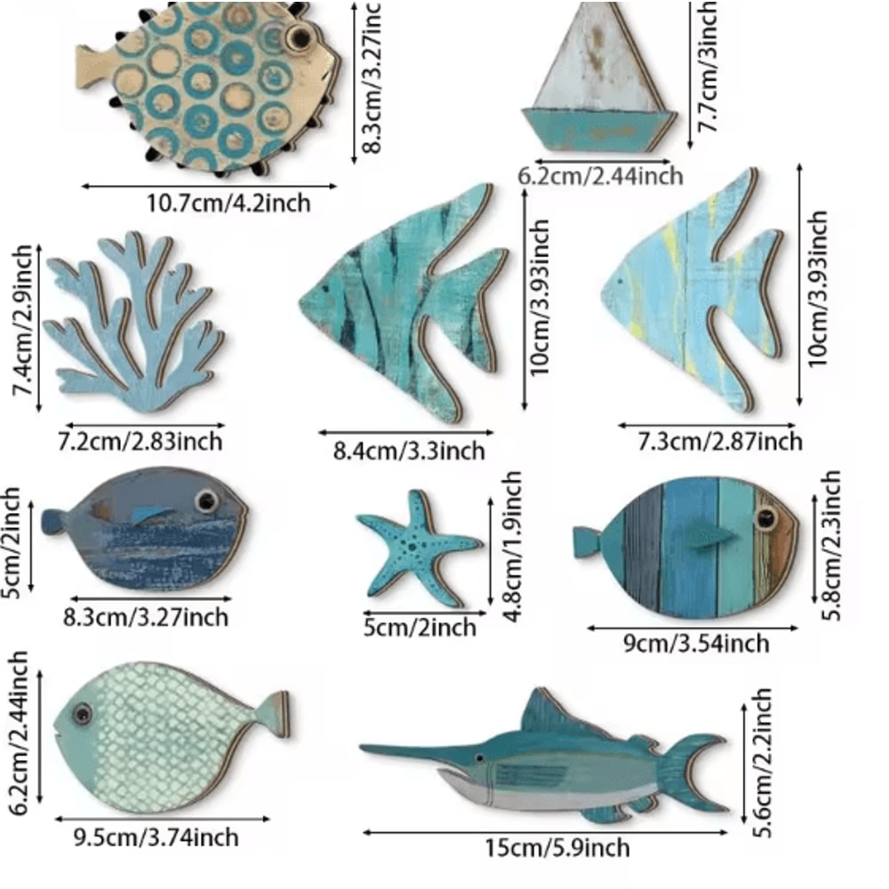 OceanCraft 10PCS Wooden Fish Wall Decor Nautical Coastal Hanging Art Set 5