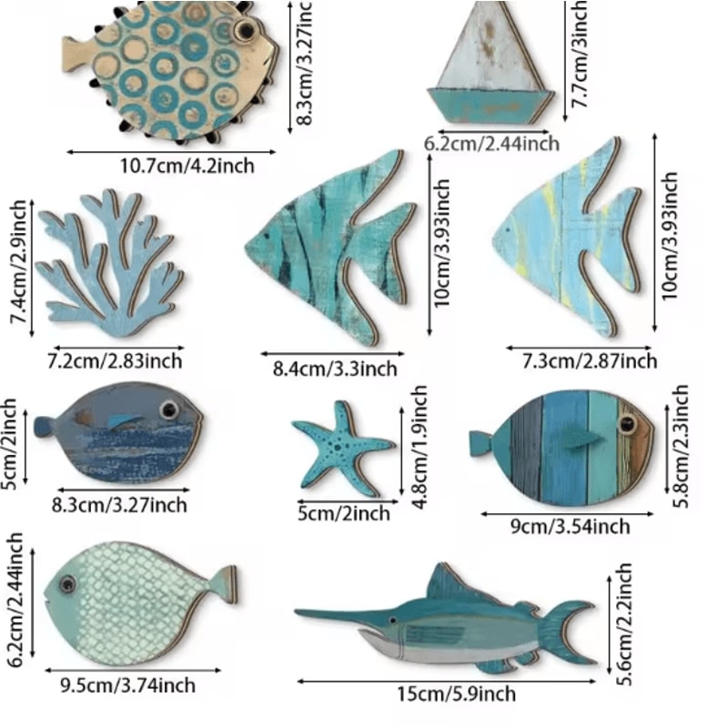 OceanCraft 10PCS Wooden Fish Wall Decor Nautical Coastal Hanging Art Set 5