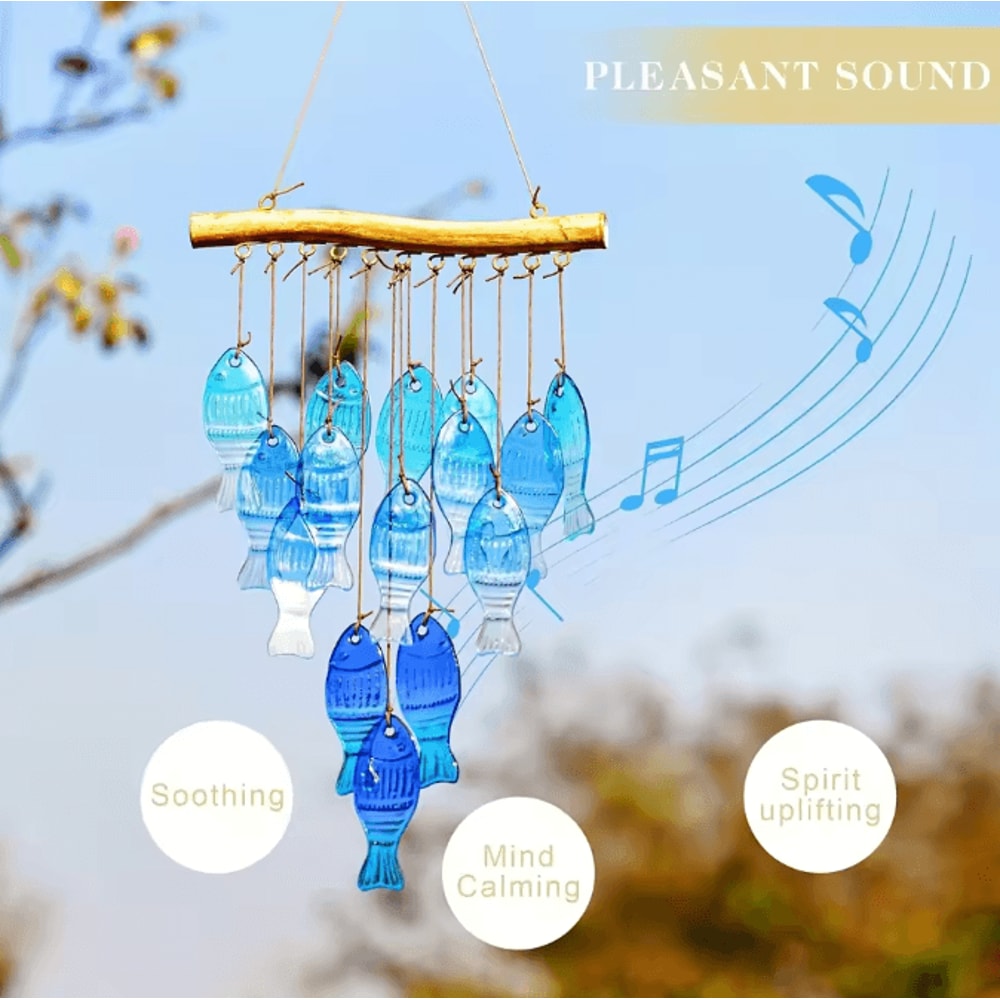 OceanBreeze Blue Glass Fish Wind Chimes Handcrafted Coastal Outdoor Decor 0