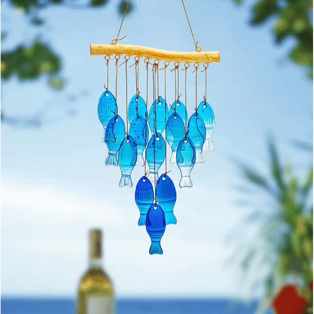OceanBreeze Blue Glass Fish Wind Chimes Handcrafted Coastal Outdoor Decor 1