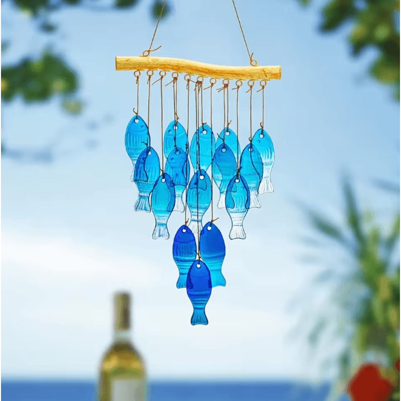 OceanBreeze Blue Glass Fish Wind Chimes Handcrafted Coastal Outdoor Decor 1
