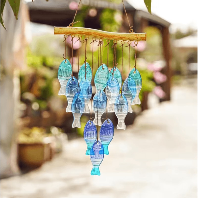 OceanBreeze Blue Glass Fish Wind Chimes Handcrafted Coastal Outdoor Decor 2